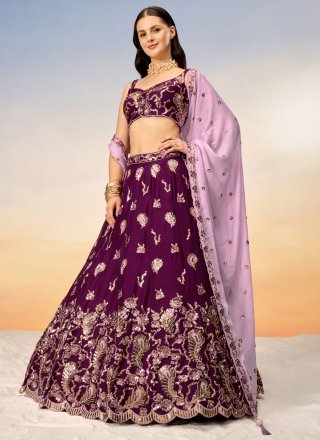 Burgundy Georgette Embroidered and Sequins Work Lehenga Choli