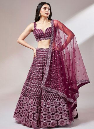 Burgundy Net A - Line Lehenga Choli with Embroidered, Mirror, Sequins and Thread Work