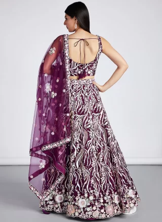 Burgundy Net A - Line Lehenga Choli with Embroidered, Sequins and Thread Work
