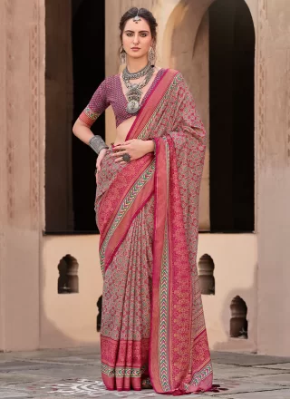 Burgundy Print Work Silk Traditional Saree