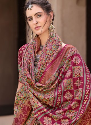 Burgundy Silk Print Work Traditional Saree