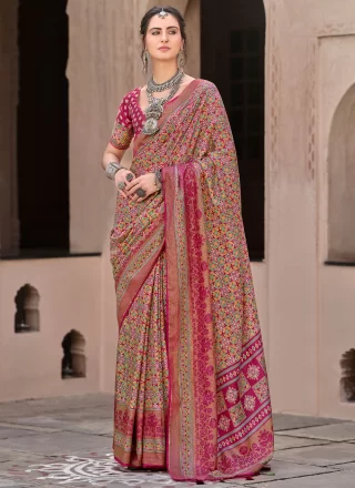 Burgundy Silk Print Work Traditional Saree