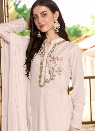 Buttons and Embroidered Work Art Silk Salwar Suit In Off White