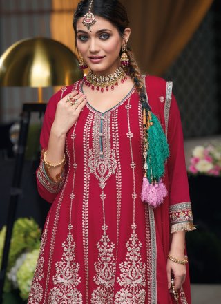 Buttons and Embroidered Work Chinon Salwar Suit In Rani for Ceremonial