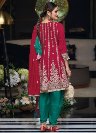 Buttons and Embroidered Work Chinon Salwar Suit In Rani for Ceremonial