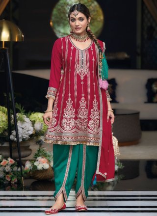 Buttons and Embroidered Work Chinon Salwar Suit In Rani for Ceremonial