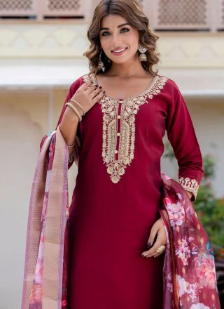 Buttons and Embroidered Work Rayon Readymade Salwar Suit In Maroon and Rani for Ceremonial
