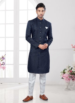 Buttons and Fancy Work Jacquard Indo Western In Blue