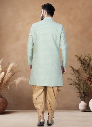 Buttons and Fancy Work Jacquard Indo Western In Turquoise for Ceremonial