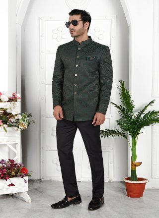 Buttons and Fancy Work Jacquard Silk Jacket Style In Green for Ceremonial