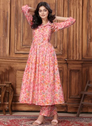 Buttons and Floral Patch Work Rayon Casual Kurti In Pink