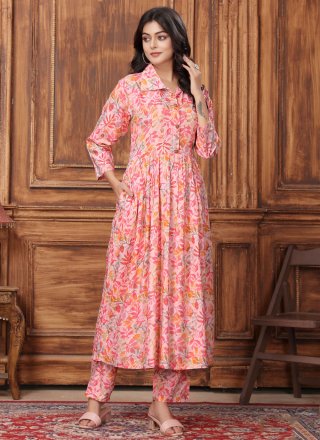 Buttons and Floral Patch Work Rayon Casual Kurti In Pink