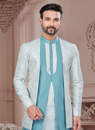 Buttons and Machine Embroidery Work Imported Sherwani Mens Wear In Aqua Blue and Off White for Ceremonial