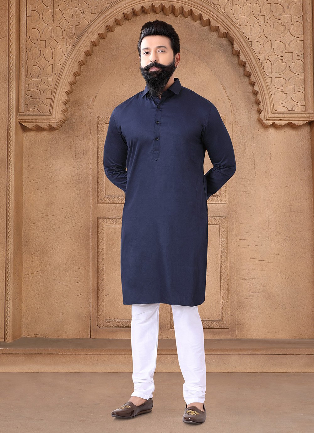 Buy Buttons and Plain Work Cotton Kurta Pyjama In Blue Online