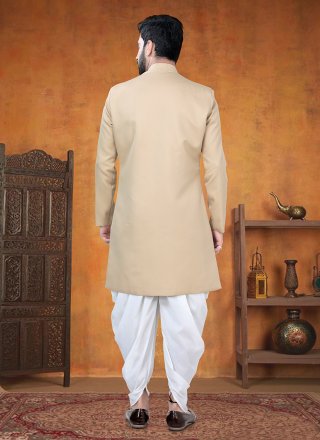 Buttons and Plain Work Rayon Sherwani Mens Wear In Beige