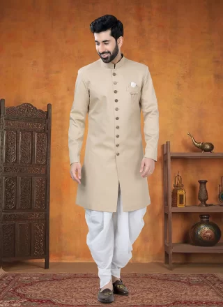 Buttons and Plain Work Rayon Sherwani Mens Wear In Beige