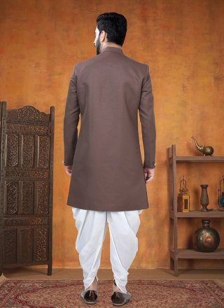 Buttons and Plain Work Rayon Sherwani Mens Wear In Brown for Ceremonial