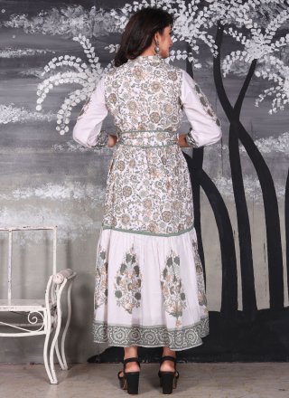 Buttons and Print Work Cotton  Designer Gown In Grey