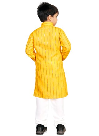Buttons and Sequins Work Soft Cotton Kurta Pyjama In Yellow for Ceremonial