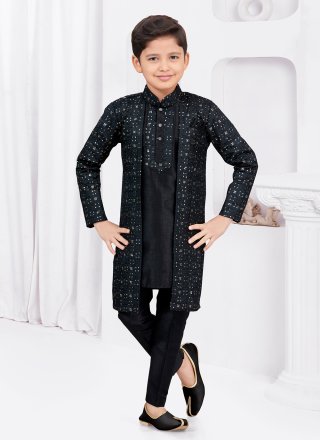Buttons and Thread Work Banarasi Silk Sherwani Kids Wear In Black