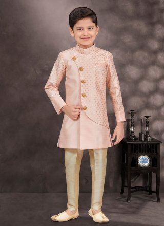 Buttons and Thread Work Banarasi Silk Sherwani Kids Wear In Peach