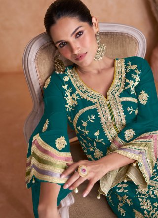 Buttons, Embroidered, Mirror and Zari Work Chinon Salwar Suit In Green