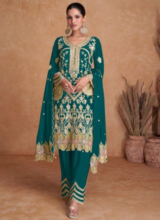 Buttons, Embroidered, Mirror and Zari Work Chinon Salwar Suit In Green