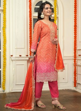 Buttons, Embroidered, Print and Sequins Work Chinon Salwar Suit In Orange