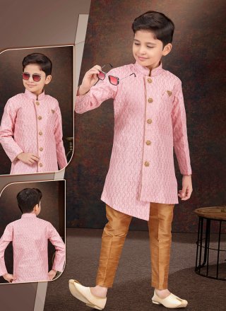 Buttons, Fancy and Thread Work Art Silk Sherwani Kids Wear In Pink