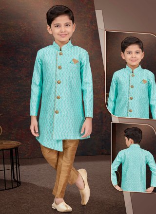 Buttons, Fancy and Thread Work Art Silk Sherwani Kids Wear In Rama