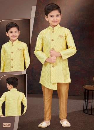 Buttons, Fancy and Thread Work Art Silk Sherwani Kids Wear In Yellow for Festival