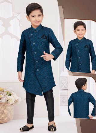 Buttons, Fancy and Thread Work Banarasi Silk Sherwani Kids Wear In Blue