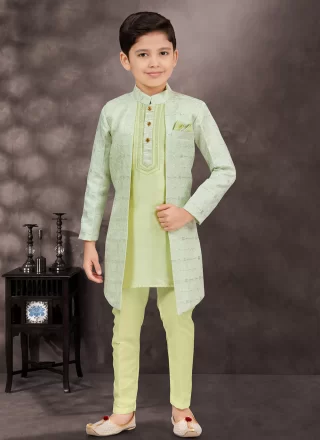 Buttons, Fancy and Thread Work Banarasi Silk Sherwani Kids Wear In Green for Engagement