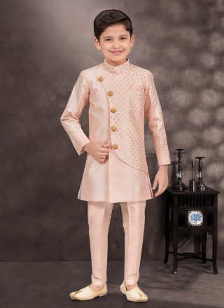 Buttons, Fancy and Thread Work Banarasi Silk Sherwani Kids Wear In Peach