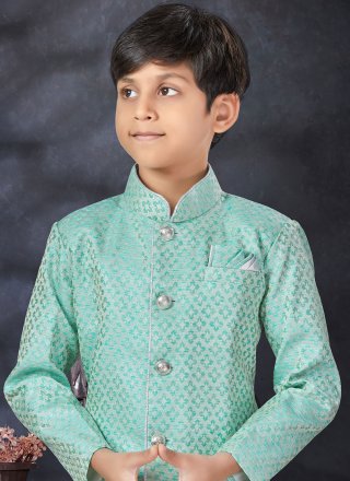 Buttons, Fancy and Thread Work Jacquard Indo Western In Green