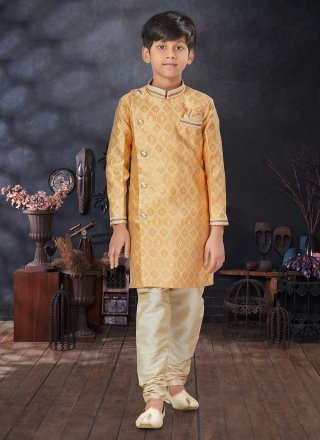 Buttons, Fancy and Thread Work Jacquard Indo Western In Yellow
