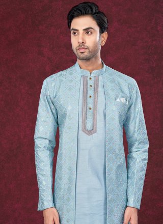Buttons, Machine Embroidery and Thread Work Silk Sherwani Mens Wear In Aqua Blue