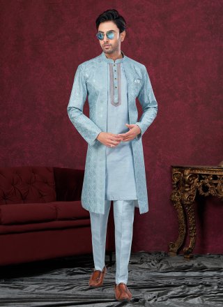 Buttons, Machine Embroidery and Thread Work Silk Sherwani Mens Wear In Aqua Blue