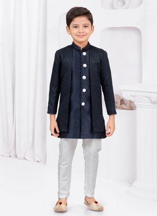 Buttons, Stone and Thread Work Banarasi Silk Sherwani Kids Wear In Blue for Festival