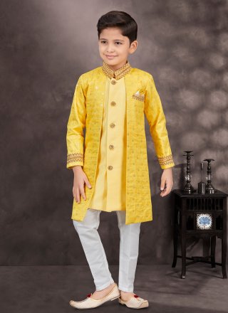 Buttons, Stone and Thread Work Banarasi Silk Sherwani Kids Wear In Yellow for Festival