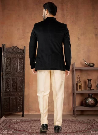Buttons Work Velvet Jodhpuri Suit In Black for Engagement