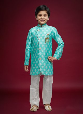 Captivating Firozi Banarasi Jacquard Sherwani Kids Wear