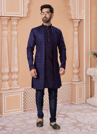 Catchy Blue Silk Indo Western Sherwani