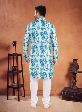 Celestial Aqua Blue Cotton Kurta Pyjama with Patch Border and Print Work