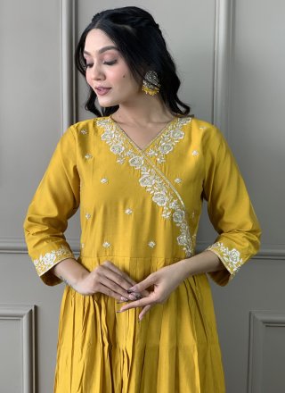 Chanderi Pant Style Suit In Mustard