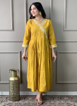 Chanderi Pant Style Suit In Mustard