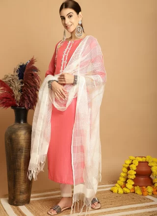 Chanderi Pant Style Suit In Pink