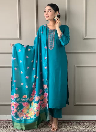 Chanderi Pant Style Suit In Teal