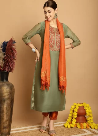 Chanderi Readymade Salwar Suit In Green