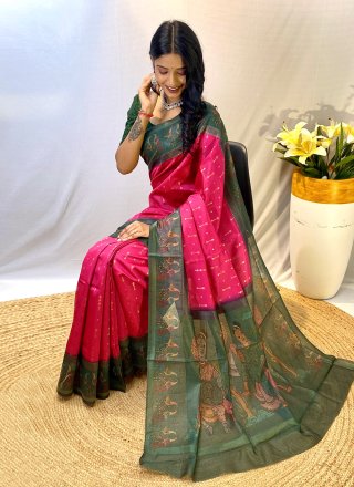 Chanderi Silk Classic Sari with Patch Border and Print Work